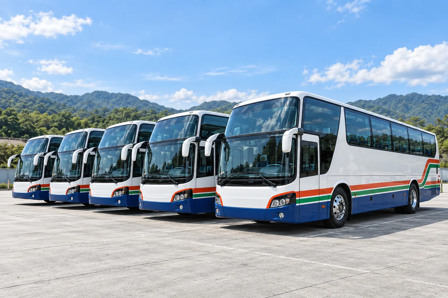整齊停放的遊覽車車隊