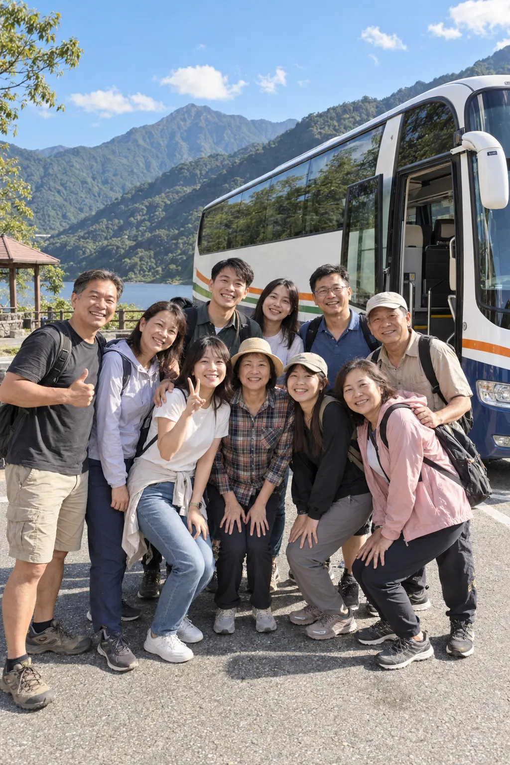 員工旅遊團體在遊覽車前合照